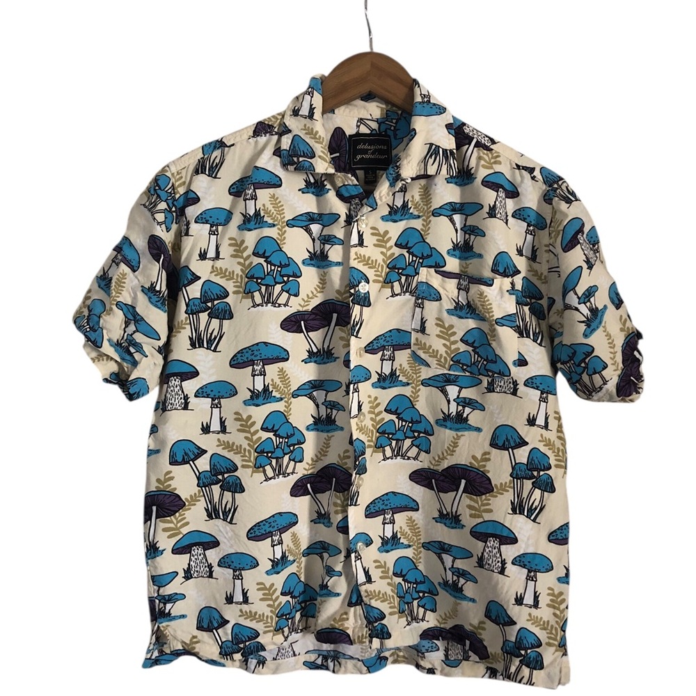 Delusions of Grandeur Men's Funky Mushroom Print Short Sleeve Shirt
